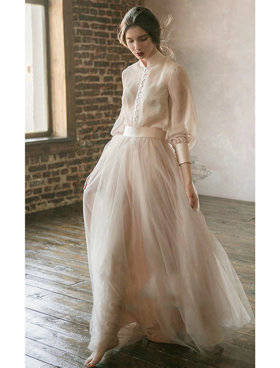 Wholesale  Two Piece Empire Minimalist Wedding Guest Formal Evening Birthday Dress Stand Collar Long Sleeve Floor Length Chiffon with Tier